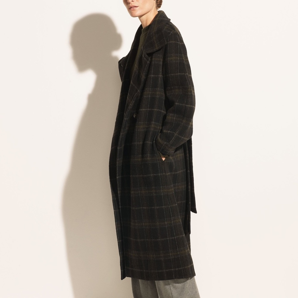 Vince Black and Brown/olive Plaid Long Coat